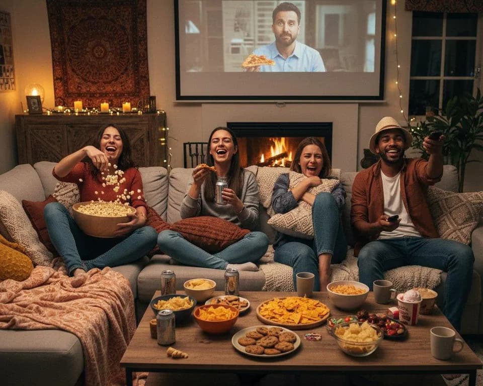 Cuatro amigos riendo en el sofá mientras ven una película en inglés