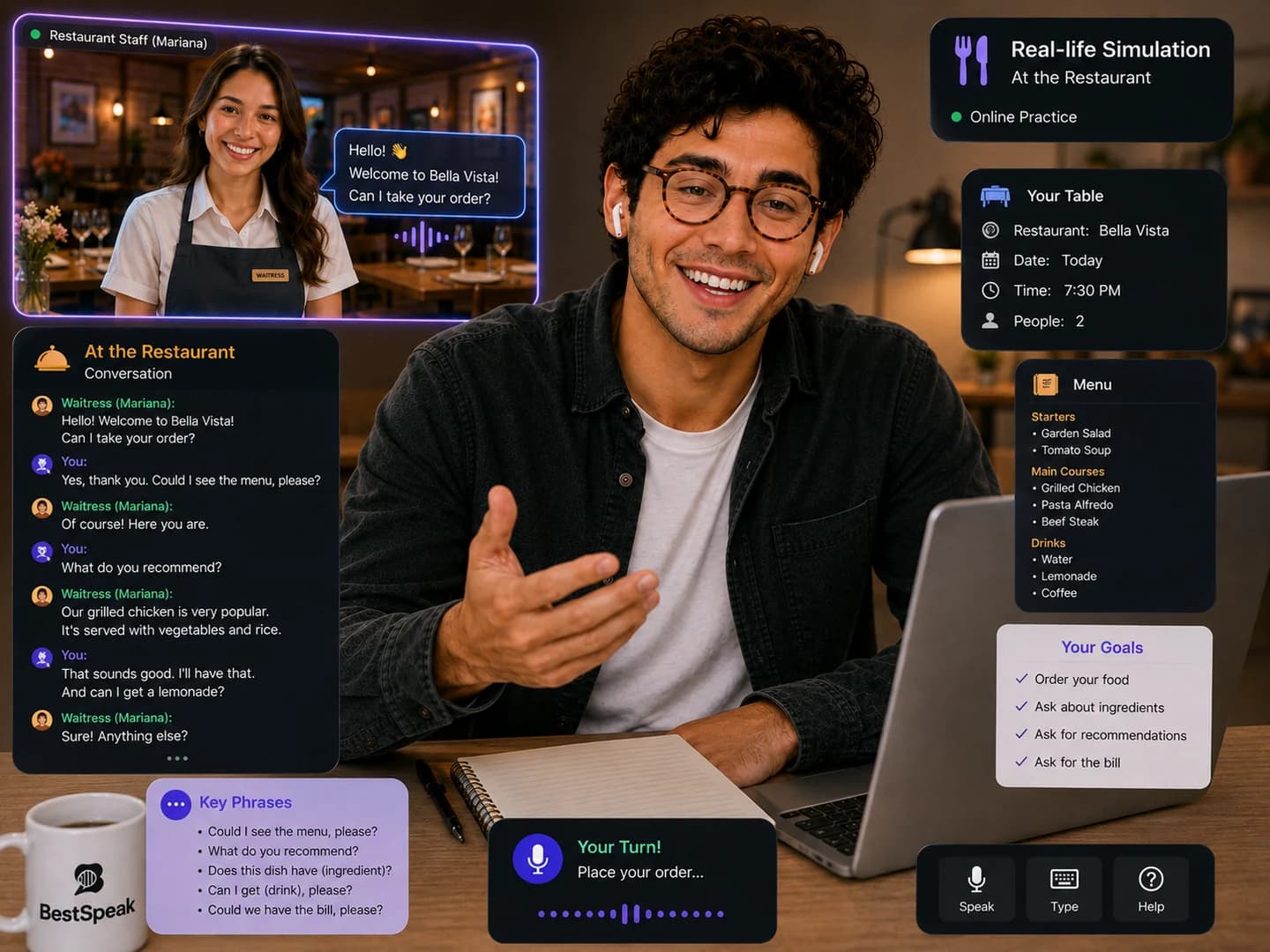 Alumno practicando inglés en una simulación de restaurante: pide la carta y hace preguntas a la camarera